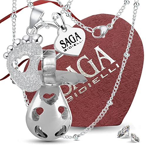 SAGA GIOIELLI® Collar llamador de ángeles, bola mexicana con colgante de sonido en forma de chupete y pie con cristales, acero inoxidable