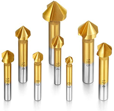 Camtek 8 piezas Avellanador 90°HSS Juego de Brocas Avellanadoras para Metal Madera Aluminio, Cubiertas de Titanio 6.3mm ~ 20.5mm