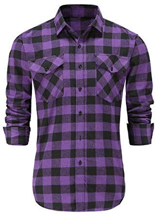 Dioufond Men Flannel Shirt Long Sleeve Lumberjack Costume Mens Checked Shirts Black Purple Flannel Small