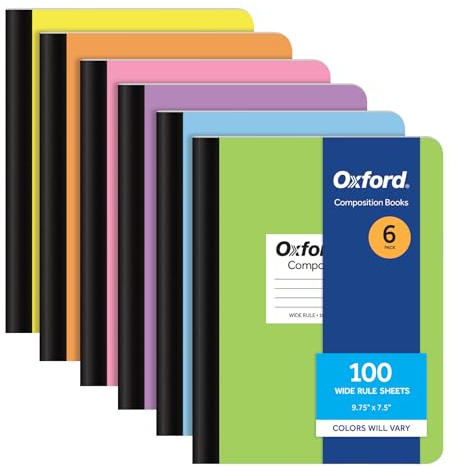 Oxford Composition Notebooks, 6 Pack, Cover Colors Vary, Wide Ruled Paper, 9-3/4 x 7-1/2 Inch School Journals, Assorted Pastel Covers, 100 Sheets, per Book (63759)