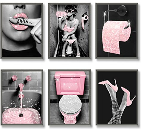 Luodroduo Set di 6 stampe artistiche da parete alla moda per il bagno, in tessuto rosa glitterato, per foto e bagno, in bianco e nero, per donne moderne e divertenti, 20,3 x 25,4 cm, senza cornice