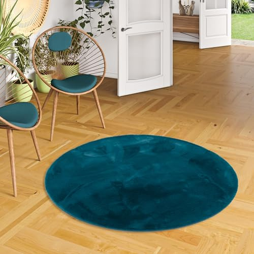 Pergamon Luxus Super Soft Kunstfell Fellteppich Plush Petrol Rund in 3 Größen