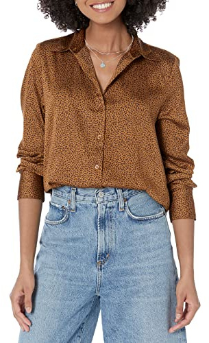 Amazon Essentials Blusa de Satén con Botones de Corte Estándar (Disponible en Tallas Grandes) Mujer, Castaño Oscuro Leopardo, L