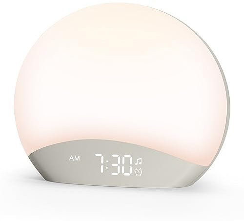 REACHER Sunrise Alarm Clock, Wake Up Light, White Noise Sound Machine, Bedside Lamp, 26 Sleeping Natural Sounds, Dimmable Multicolor Night Light, Timer, Digital Clock for Baby, Kids, Adult
