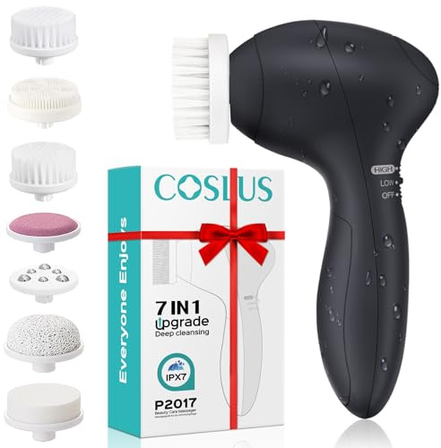 COSLUS Facial Cleansing Brush Silicone Face Scrubber: 7 in 1 FBS-D Electric Exfoliating Rotating Massage Device Waterproof Deep Cleaning Exfoliation Spa Machine - Electronic Skin Care Wash System