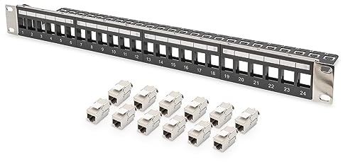 DIGITUS Set: Panel de interconexión - Modular - 19 Pulgadas - 24 Puertos - Apantallado - Montaje en Rack 1U - Negro - con módulo Keystone 12x Cat6A