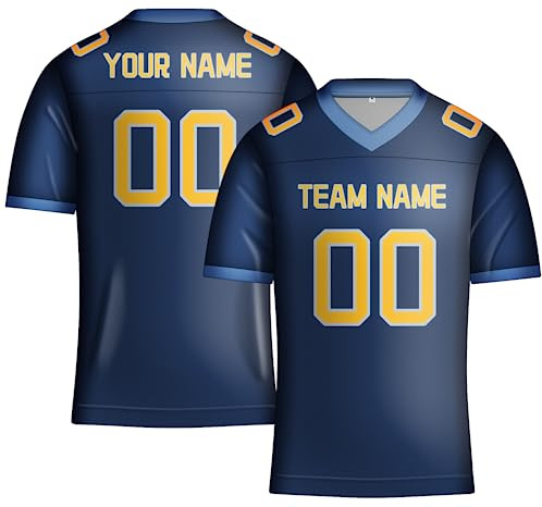Maillot de football vierge personnalisé pour hommes/femmes/jeunes, motif double face, ajoutez votre propre numéro de nom d'équipe, t-shirt athlétique, Bleu marine/jaune, S