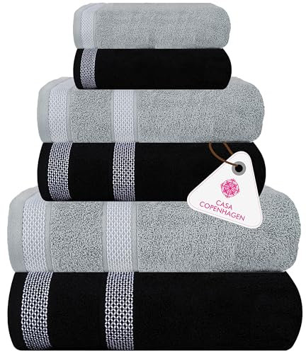 Casa Copenhagen Solitaire Mix 6-teiliges Handtuchset – Grau Violett + Schwarz, 600 g/m², 2 Badetücher, 2 Handtücher, 2 Waschlappen aus weicher ägyptischer Baumwolle für Badezimmer, Küche und Dusche
