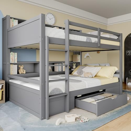 KOMHTOM Superposé Lit d'enfant avec Tiroir et Rangements 90x200cm Lit en Bois avec Clôture de Sécurité, Cadre de lit, Sommier à Lattes(sans Matelas) (Gris)