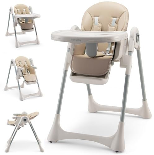 Maxmass Baby High Chair, Foldable Infant Dining Chair with Wheels, Adjustable Height, Backrest & Footrest, Removable Double Tray and 5-Point Safety Harness, Toddlers Highchair for 7-36 Months (Beige)