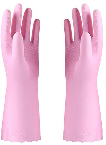 Alimat PluS Reusable Pink Gloves, Cotton Flock Liner, 1 Pair, Medium | Latex Free Dishwashing Gloves, Waterproof Washing up Gloves For Laundry, Gardening