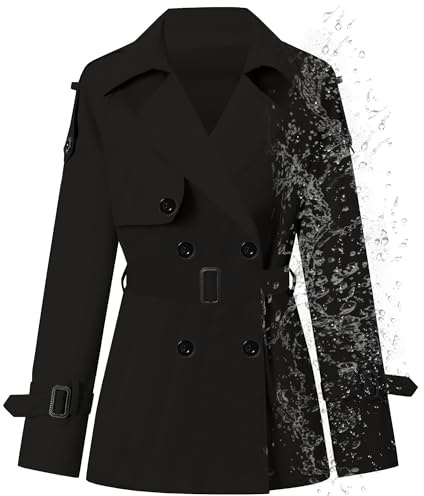 Betusline Women's Double Breasted Short Trench Coat with Belt, Black, S