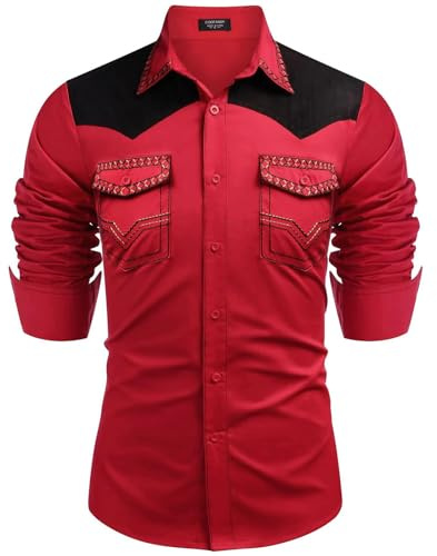 Foweknow Chaqueta vaquera para hombre, vaquero occidental, camisa vaquera, camisa de mezclilla de moda, camisa informal de manga larga, hippie, ropa de calle, ajustada, camisa de ocio, sencillez,