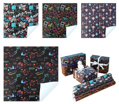 4 hojas de papel de regalo para videojuegos, diseño divertido para jugadores, cumpleaños, amigos, familia, 50 x 70 cm por hoja