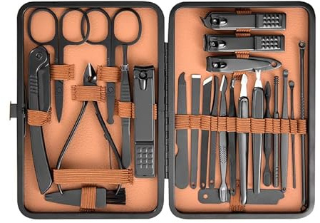 Vonmerie 24-teiliges Nagelpflege-Set in brauner Lederbox | Professionelles Set mit Nagelknipser/Hornhautzange/Augenbrauenrasierer/Hautschere/Nasenhaarschneider | Komplett-Set für Körperpflege
