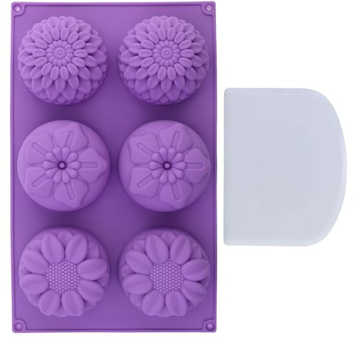 Stampi per fiori in silicone, stampi per sapone, stampi per saponette fai da te, viola, 6 cavità, con 1 raschietto in bianca, per torte, gelatina, sapone, cubetti di ghiaccio, colla