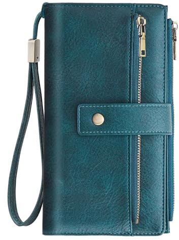 NEWIROVE Portefeuille Femme Grand Format, Porte Feuille Femme Cuir PU Vintage Porte Monnaie RFID Portefeuilles Et Porte-Cartes avec Fermeture Éclair Et Multi Cartes, Bleu Paon