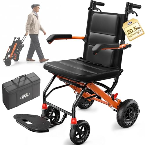VOCIC U42 Ultralight Wheelchair for Adults, 9.3KG Transport Chair & Walker | Foldable & Portable Wheelchair for Seniors, Up to 110KG, 4cm Soft Seat, 8'' Honeycomb All-Terrain Wheels for Travel, Orange