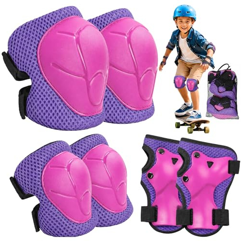 Lafefe 6PCS Black Kids Protective Gear Set Knee Elbow Wrist Pads, Lightweight Breathable Mesh & Hard Shell, Adjustable Straps Safety Pads S Size for Roller Skating Cycling Skateboard