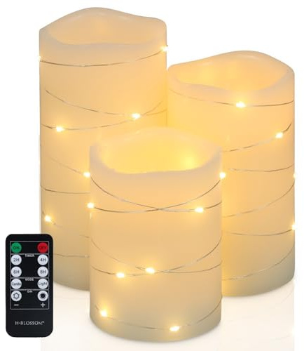 H-BLOSSOM Flickering Flameless Candles Ivory Real Wax Pillar with Embedded String Lights LED Candles Battery Operated with Cycling 5H Timer Set of 3 (3 x 4/5/6) (Ivory)