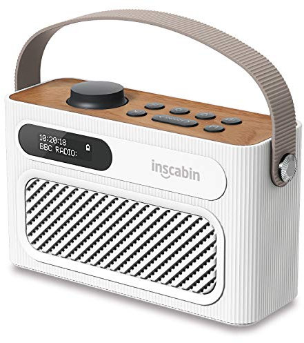 Inscabin M60 Tragbarer DAB/DAB + FM-Digitalradio/Tragbarer drahtloser Lautsprecher mit Bluetooth/Stereo-Sound/Doppellautsprecher/Doppelwecker/Subwoofer/Akku/Schönes Design (Weiß)