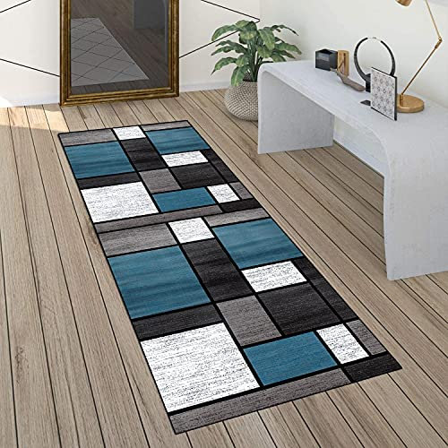QQrunner Teppich läufer Flur Grau und Blau rutschfest 60x110cm Küchenteppich Patchwork Waschbar Meterware Schlafzimmer Korridor Teppich Lang, Länge Anpassbare, 40-120cm Breit
