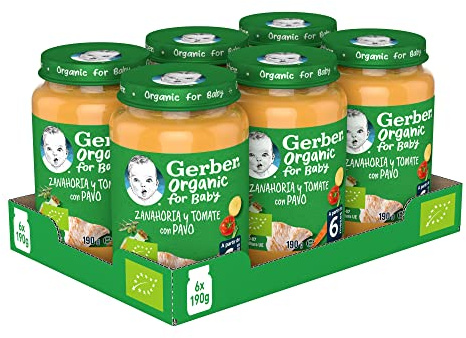 GERBER Organic Zanahoria Tomate Pavo, Tarritos para bebés, 6x190g, a partir de 6 meses