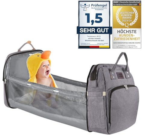 all Kids United® Baby Wickelrucksack Deluxe mit Kinderbett - Babytasche Wickeltasche Set: Baby-Rucksack, Wickelauflage, integriertem Babybett, Kinderwagen-Haken (Grau)