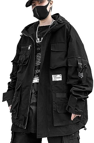 XYXIONGMAO Gothic Clothes Tactical Techwear Zipper Jacket Windbreaker Hooded Streetwear Jackets for Men (Black,2XL)