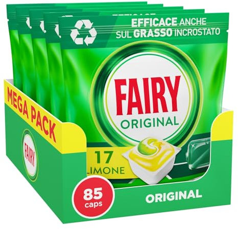 Fairy Detersivo Pastiglie Lavastoviglie Brillantante, 85 Capsule Lavastoviglie, Original Limone, Azione Pulente Al Primo Lavaggio, Efficace Sul Grasso Incrostato Con Azione Brillante