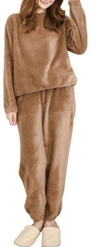 Hveuluop Gieen Conjunto de Pijama de Polar Coral para Mujer - Camiseta de Manga Larga con Cuello Redondo y Pantalón, Conjunto de Ropa de Estar en Terciopelo Coral Elástico en Talla Única