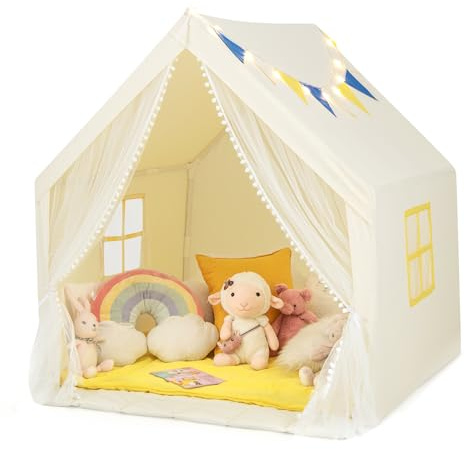 COSTWAY Barnhus med stjärnljus, prinsessprinsessa, barntält med fönster och matta och färgglada flaggor, lektält med dubbel gardin, barntält lekhus för pojkar, saga (beige)