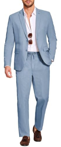 Coofandy Ensemble 2 pièces en Lin pour Homme, Coupe Droite, Blazer léger et décontracté, Bleu Ciel, XX-Large