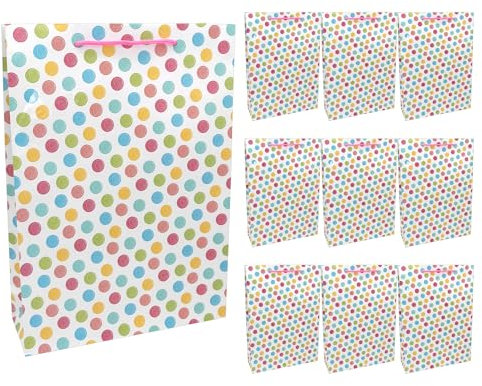 Idena 30386-10 - Geschenktüten Dot, 10 Stück, Geschenktaschen in der Größe 18 x 8 x 23 cm, Papiertüten mit bunten Punkten