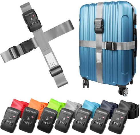 travel inspira Sangle Valise TSA en Croix, Sangle Valise Voyage avec Code | Gris, avec Serrure à 3 Cadrans, Carte Nominative, Facile à Identifier, Réglable de 195cm pour Valises 20-32, Cadeau Voyage