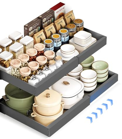 2pcs Cajones Extraibles Para Cocina ,No Requiere Perforación Organizador Cajones, Ampliable Pull Out Cabinet Organizer Cajon Telescopico Adhesivo Para Cocina Baño Armario 32-52x42x7cm(2, Gris)