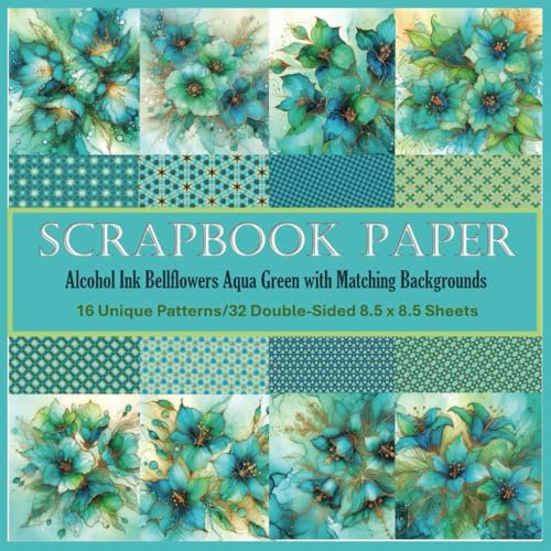 Alcohol Ink Bellflowers Aqua Green and Matching Background Scrapbook Paper