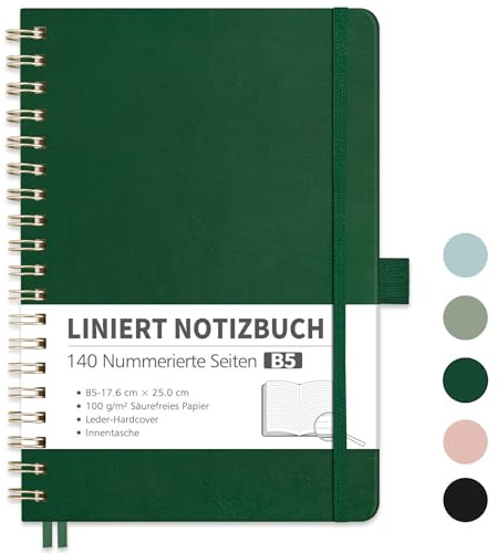 RETTACY Anteckningsbok B5-linjerad, bullet journal med 100 g/m² tjockt papper, 70 ark/140 numrerade sidor, collegeblock för kontor och skola, läderfodral, mörkgrön, 17,6 cm x 25 cm