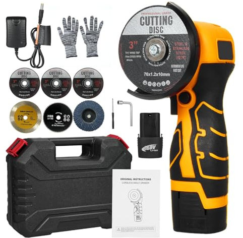 Mulcort Cordless Angle Grinder 7000RPM, 16.8V Mini Grinder, Electric Grinding Tool with 2 x 2000mAh Batteries and Grinding Discs for Cutting Polished Tiles, Wood, Stone, Steel