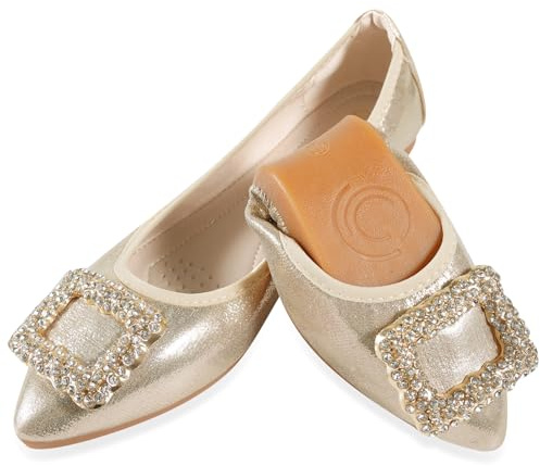 YOUNIFIZ Women's Ballet Flats Soft Pointed Toe Fashion Buckle Wedding Shoes Foldable Sparkly Comfort Slip on Ballerina Walking Flats Pumps (Gold,Size 7)