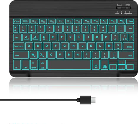WAVATA Clavier sans Fil Bluetooth pour iPad 10/10.2, Air 11, avec Rétroéclairé (10/11 Pollici), Samsung Galaxy, Redmi Pad, Clavier Léger Fin pour Tablette iOS/Android/Windows, AZERTY Français, Noir