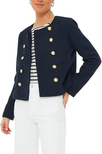Juankrynord Blazer Doppiopetto in Tweed da Donna Casual a Maniche Lunghe con Chiusura a Bottoni Casual da Lavoro Formale Piccolo, Giacca in Tweed aromatico (Blu Scuro,S)