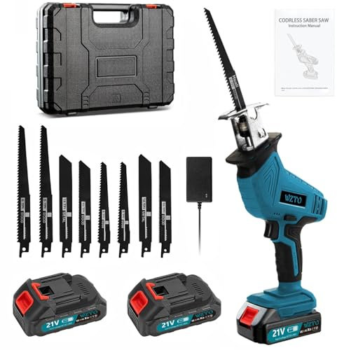 Sararoom Bleue Scie Sabre Sans Fil 21V, 4000RPM Scie Sabre à Batterie avec 8 Lames & 2x2000mAh Batteries & Chargeur Rapide, Remplacer la Lame de Scie Sans Outils pour la Coupe de Métal Bois PVC