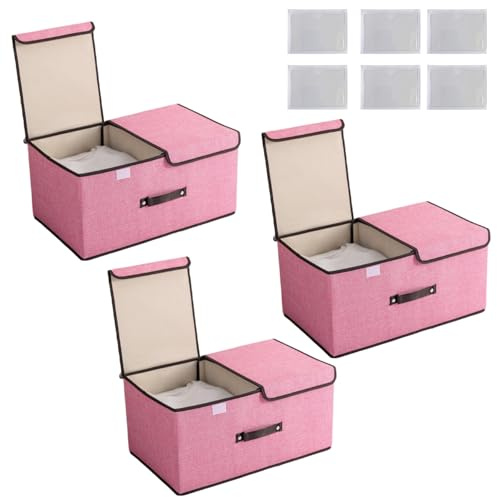 NCRGB 3 scatole di grandi dimensioni in tessuto, pieghevoli con coperchio e scomparti, 50 x 30 x 25 cm, colore rosa, scatola pieghevole in tessuto con manico, organizer per guardaroba, scatola per