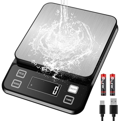 Rechargeable Kitchen Scales, [0.1g/10kg] Diyife IP67 Full Waterproof Food Scales with Adjustable LCD Display, 10 Units, Tare, PCS Counting, Auto Off, 304 Stainless Steel, Wall Mount for Baking Cooking