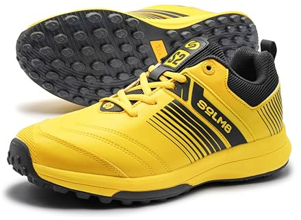 SOLM8 S2 Cricket Shoes Men Boys Junior Players - Advanced Grip Rubber Spikes for Turf/Grass, Ultralight Cushioning in Bright Colors (2025 Edition) (Yellow Black, US Footwear Size System, Adult, Men, Numeric, Medium, 11)