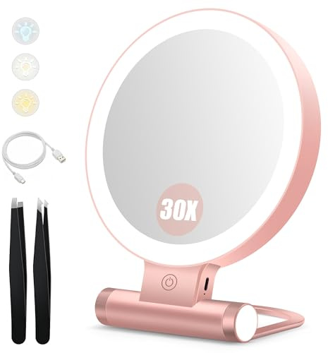B Beauty Planet Miroir Grossissant 30X/1X, Double Face, Miroir de Table Pivotant à 360°, Miroir de Maquillage Rond avec Éclairage LED, Rechargeable, Portable