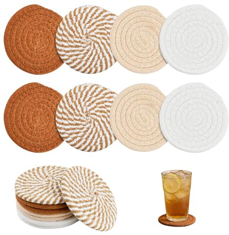 8 Stück Untersetzer Gläser, Getränkeuntersetzer, Glasuntersetzer Rund für Gläser, Tassenuntersetzer, rutschfest Geflochtenes Baumwolle für Getränke Tassen Glas