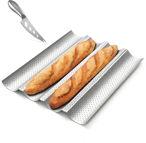 MOPUBZO Moule à Baguette antiadhésif, moule baguette four pour 4 baguettes, moule a baguette de pain four, plaque baguette 38x33 cm,Acier au Carbone, idéal pour réussir vos baguettes maison