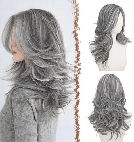 FESHFEN Parrucca Lunghe Ondulate con Frangia per Donne, 50 cm Grigio Parrucche Naturale Stratificato Sintetici Resistente Wig per Use Quotidiano le Feste e il Cosplay